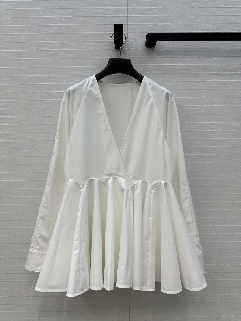 Alaia Women's Deep V-Neck White Blouse, Exquisite Cotton Poplin, Couture-Inspired A-Line Silhouette, Luxe Minimalist Style