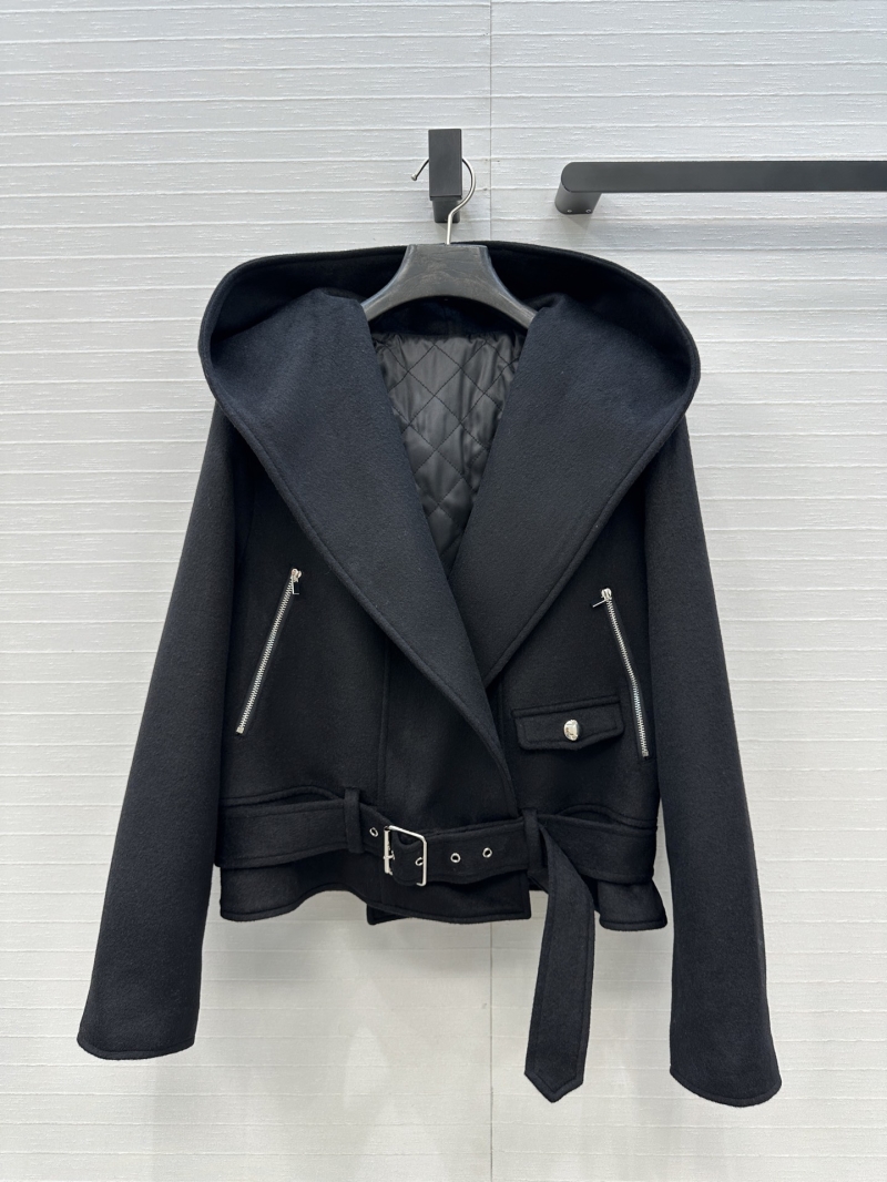 Alaia Hooded Moto-Style Short Wool Coat | Quilted, Belted, Oversized Lapel | Black