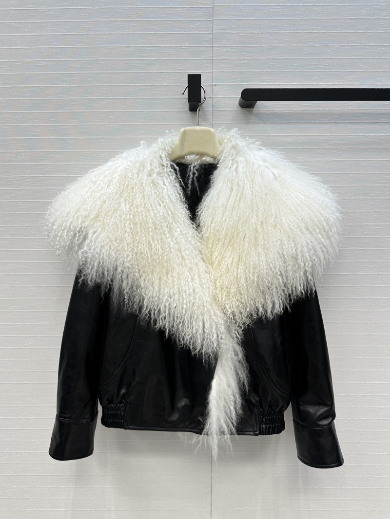 Alaia Waxed Lambskin Leather Padded Jacket with Oversized Toscana Fur Collar