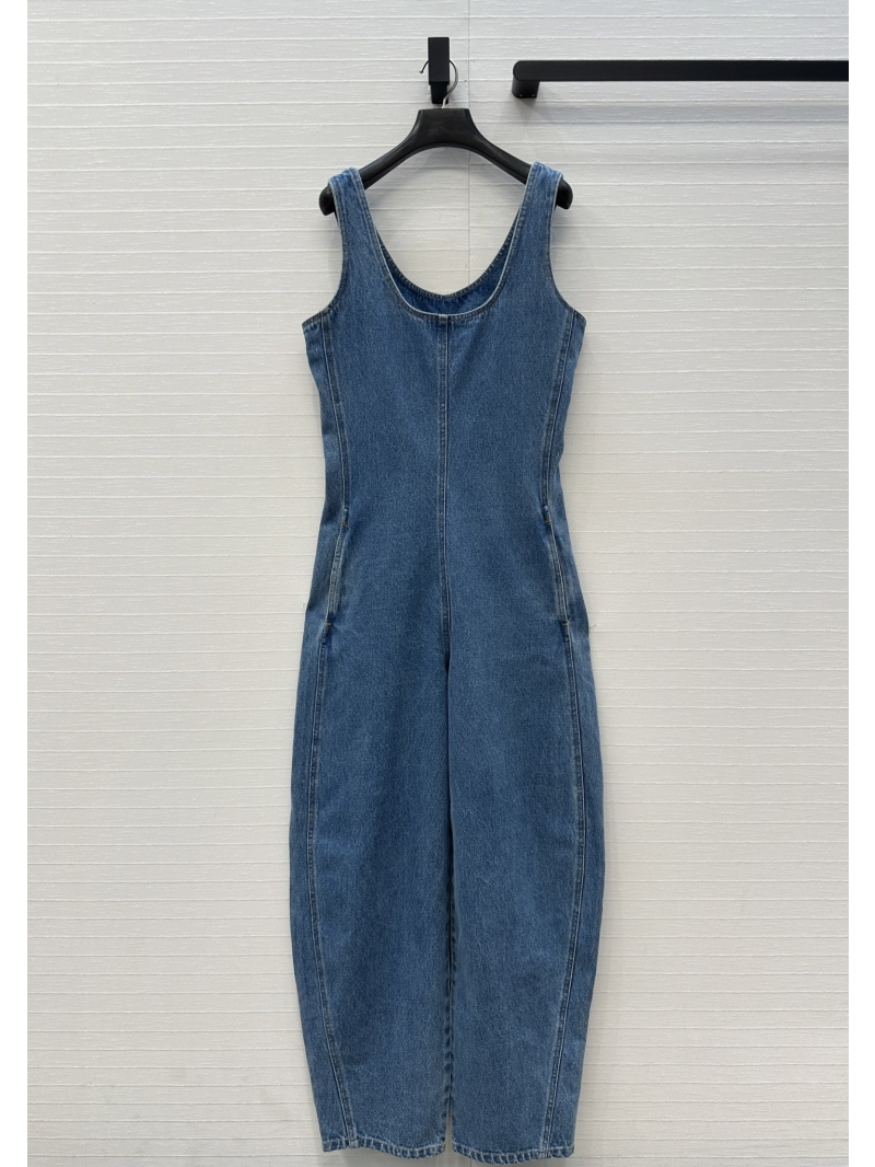 Alaïa Enzyme-Washed Denim Wide-Strap Jumpsuit with Sculptural Bent-Knife Tailoring