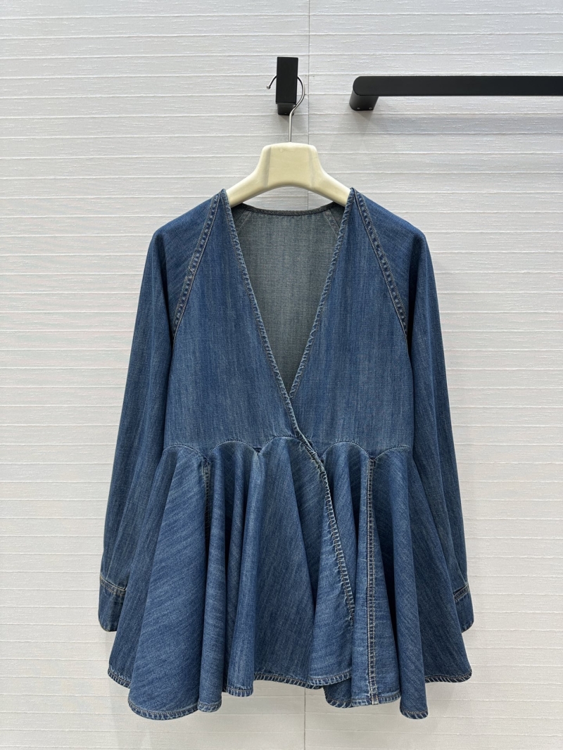 Alaïa Exquisite Vintage Washed Denim Deep V-Neck Pleated Peplum Top