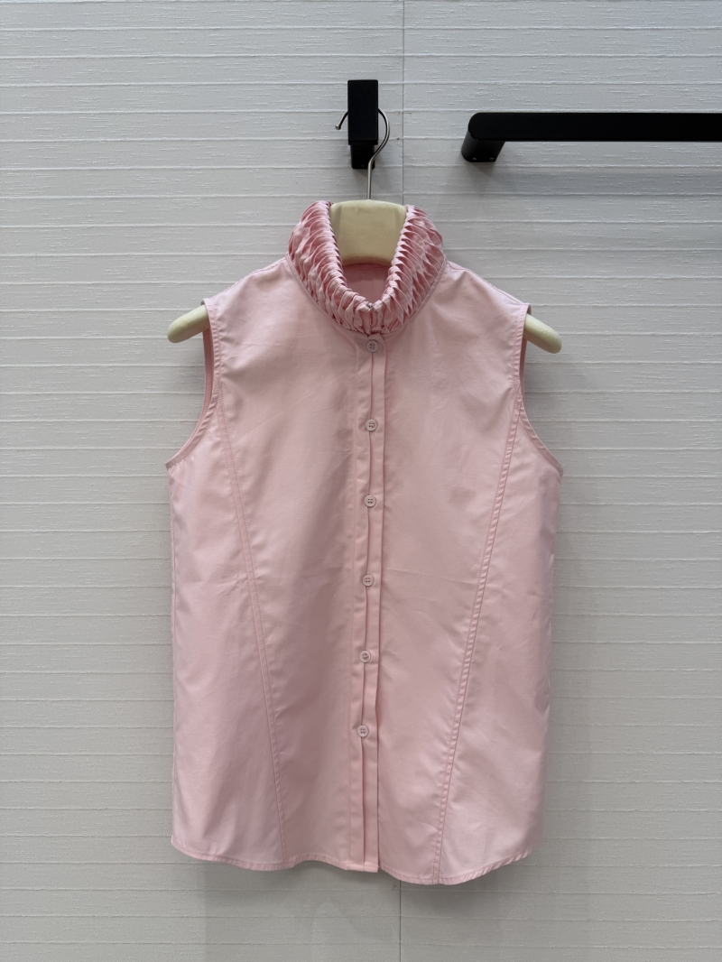 Alaïa Imported Cotton Poplin Sleeveless Ruffled Stand Collar Blouse in Pastel Pink