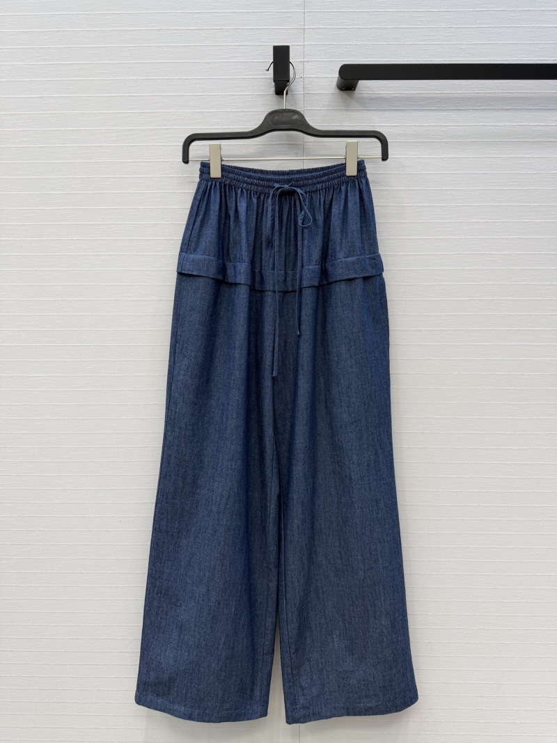 Ala&iuml;a Dark Blue Denim-Linen Blend Wide-Leg Trousers with Tiered Ruffle Detail