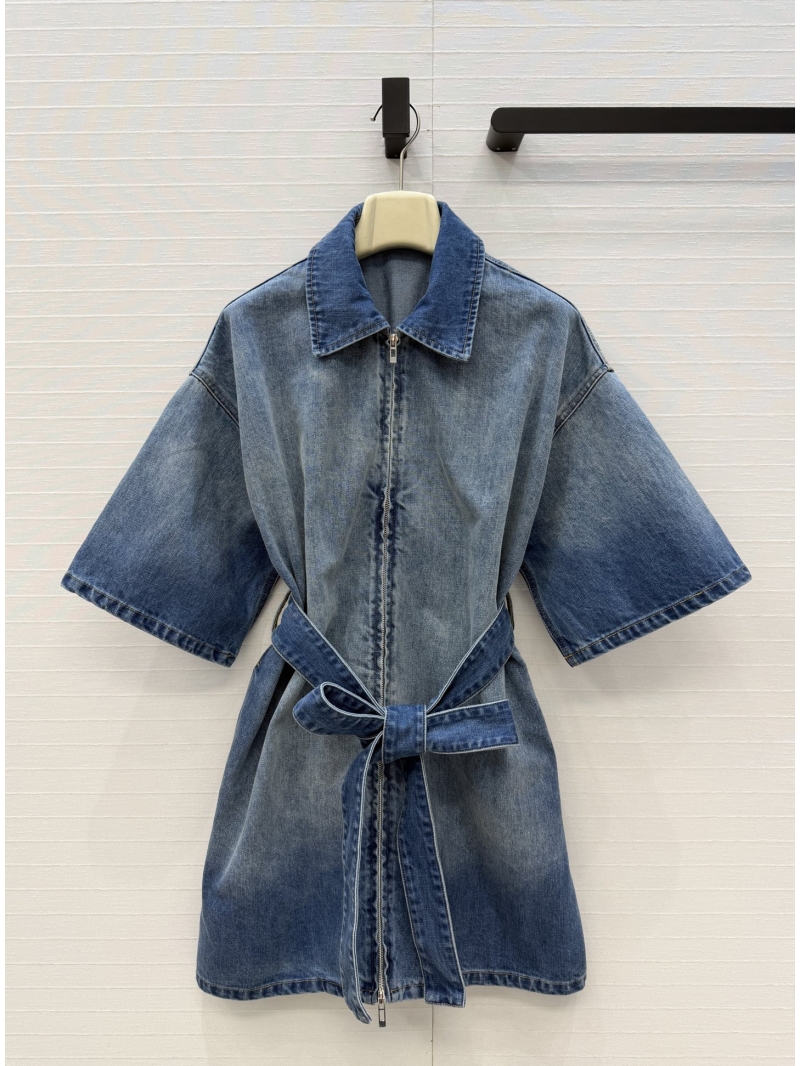 Alaia Vintage Blue Enzyme Wash Denim Asymmetric Belted Shirt Dress