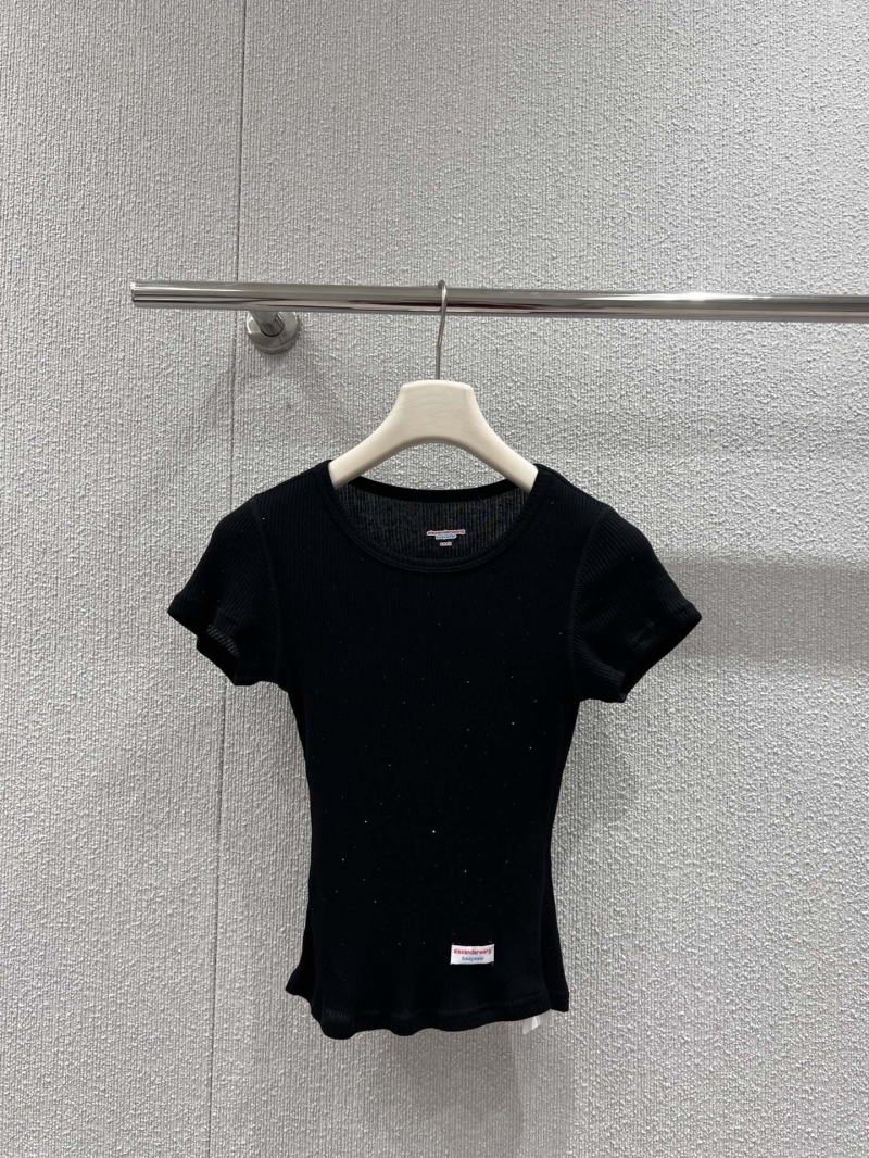 Alexander Wang Spring Summer Rhinestone Ribbed Crop Tee - Black