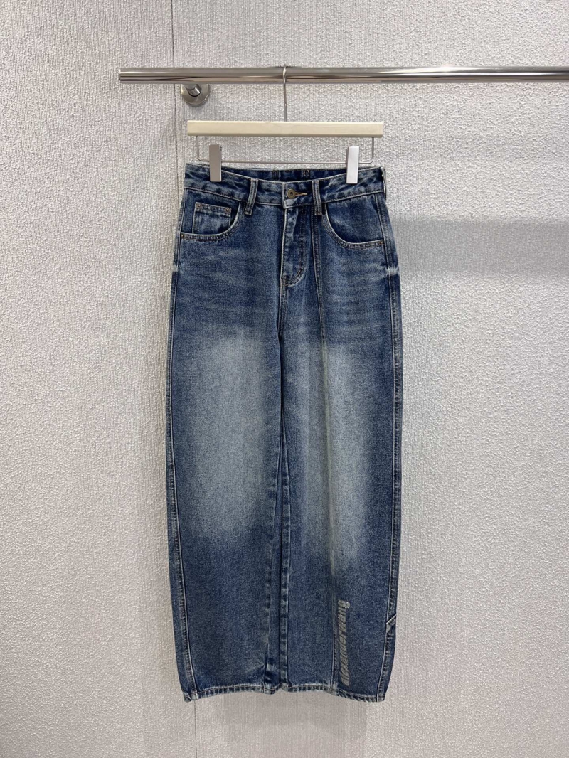Alexander Wang 25FW Wide-Leg Denim Pants | Laser Lettering & Crystal Embellishments | Fleece-Lined | Medium Blue Washed