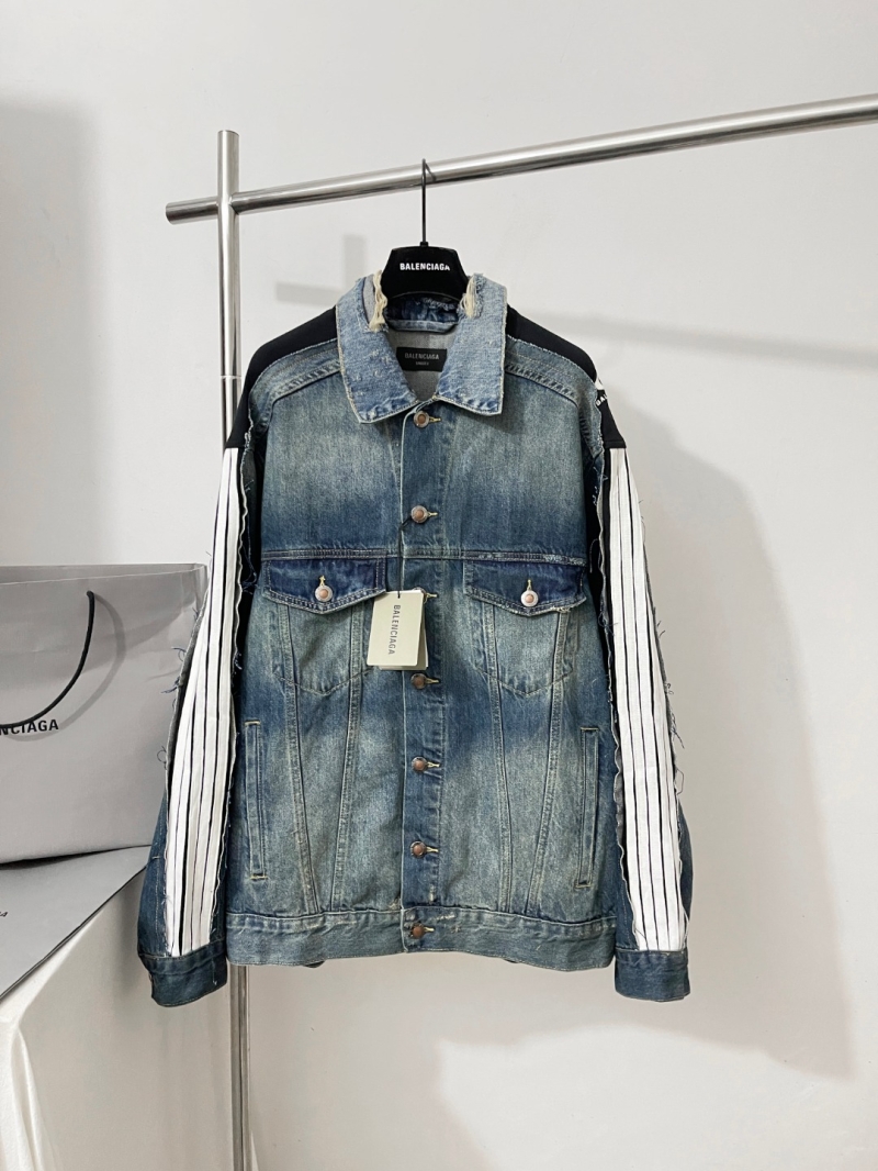 Balenciaga Denim Jacket, Limited Edition OS Fit with Contrast Striped Sleeves and Deconstructed Paneling
