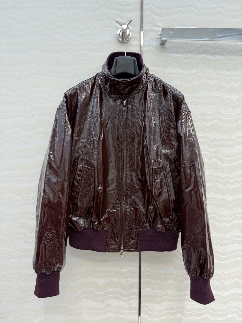 Balenciaga Signature 100% Premium Lambskin High-Gloss Patent Bomber Jacket in Mahogany