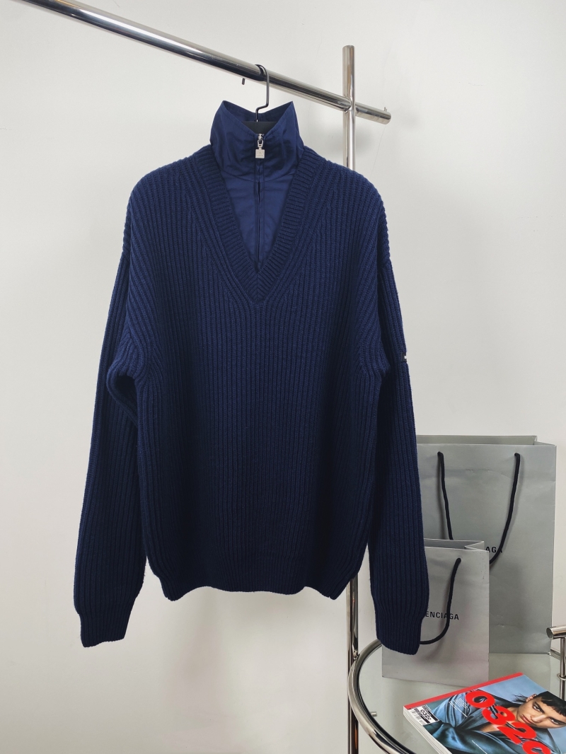 Balenciaga Oversized Layered Wool-Blend Sweater with Technical Zip Insert in Midnight Navy