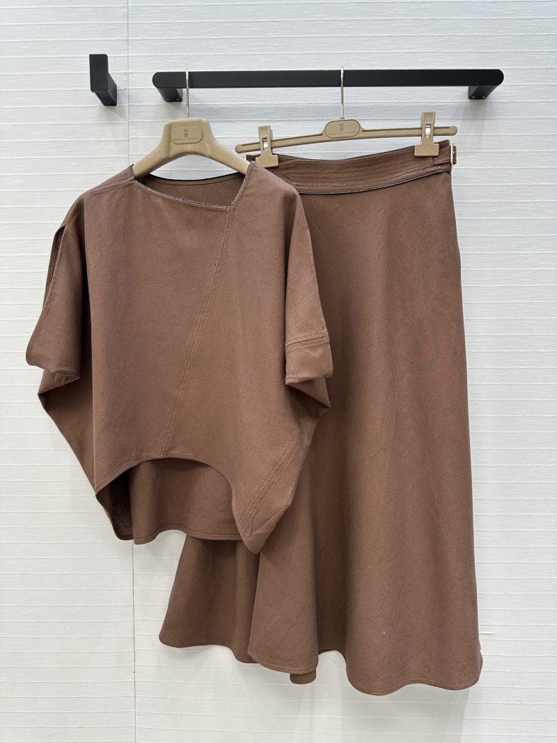 Brunello Cucinelli Exclusive Linen Suit Set in Caramel - Elegant Asymmetrical Top & Wrap Skirt