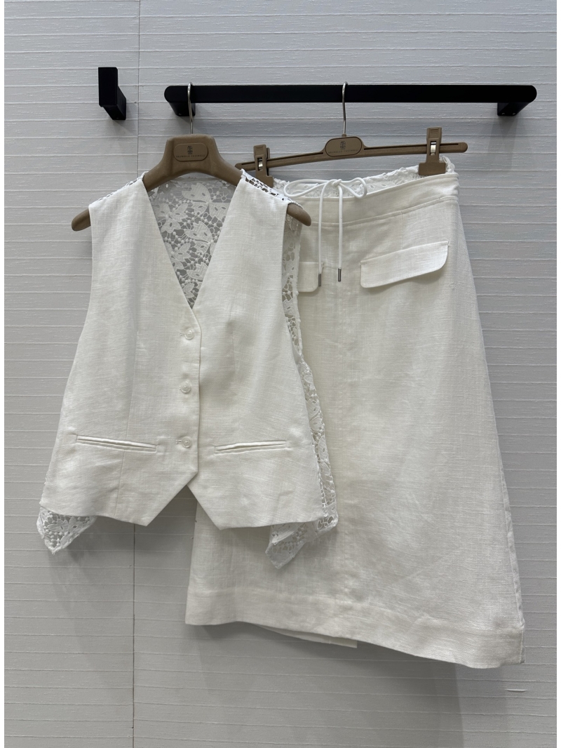Brunello Cucinelli Elegant Linen Suit Set - Chic Asymmetric Vest & Midi Skirt