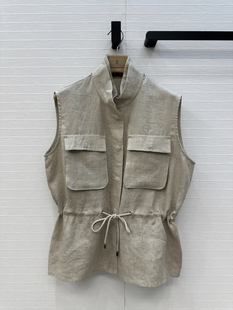 Brunello Cucinelli Linen Workwear Vest Coat in Grey Apricot - Luxe Relaxed Old Money Style