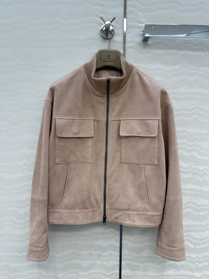 Brunello Cucinelli Luxe Suede Stand-Collar Jacket - Rose Pink Elegance