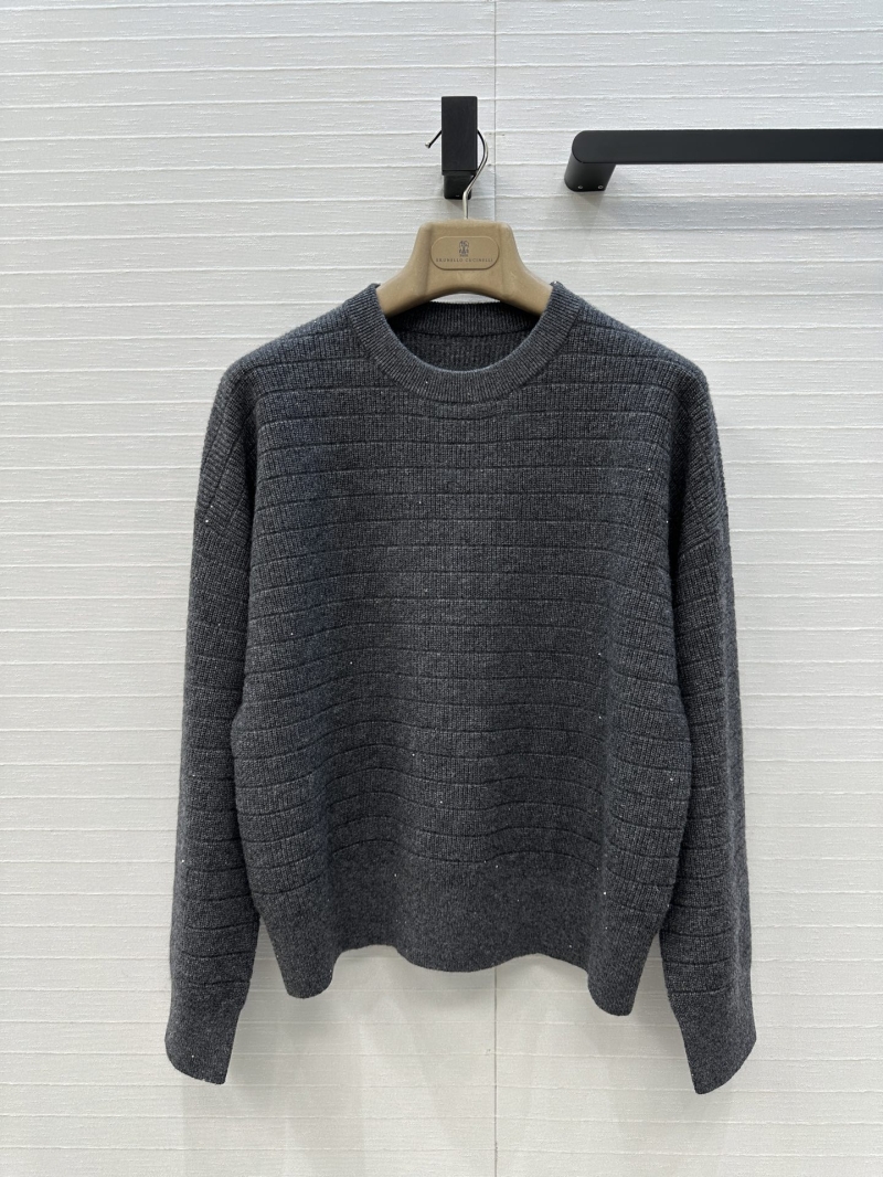 Brunello Cucinelli Luxe Cashmere Crewneck Sweater in Grey with Silver Thread Embellishments