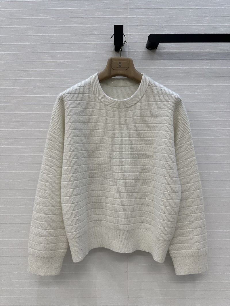 Brunello Cucinelli Luxe Cashmere Sweater in Cream with Silver Thread Embellishments