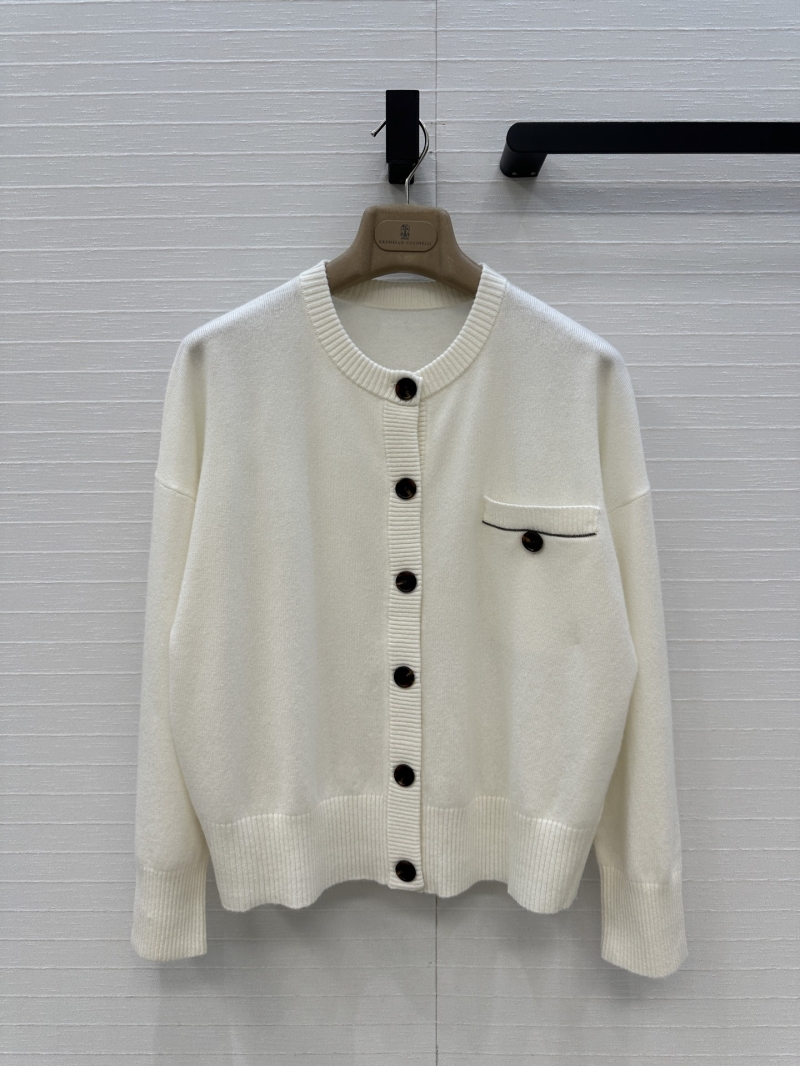 Brunello Cucinelli Exclusive Italian Minimalist Cashmere Cardigan with Copper Chain Detail in White