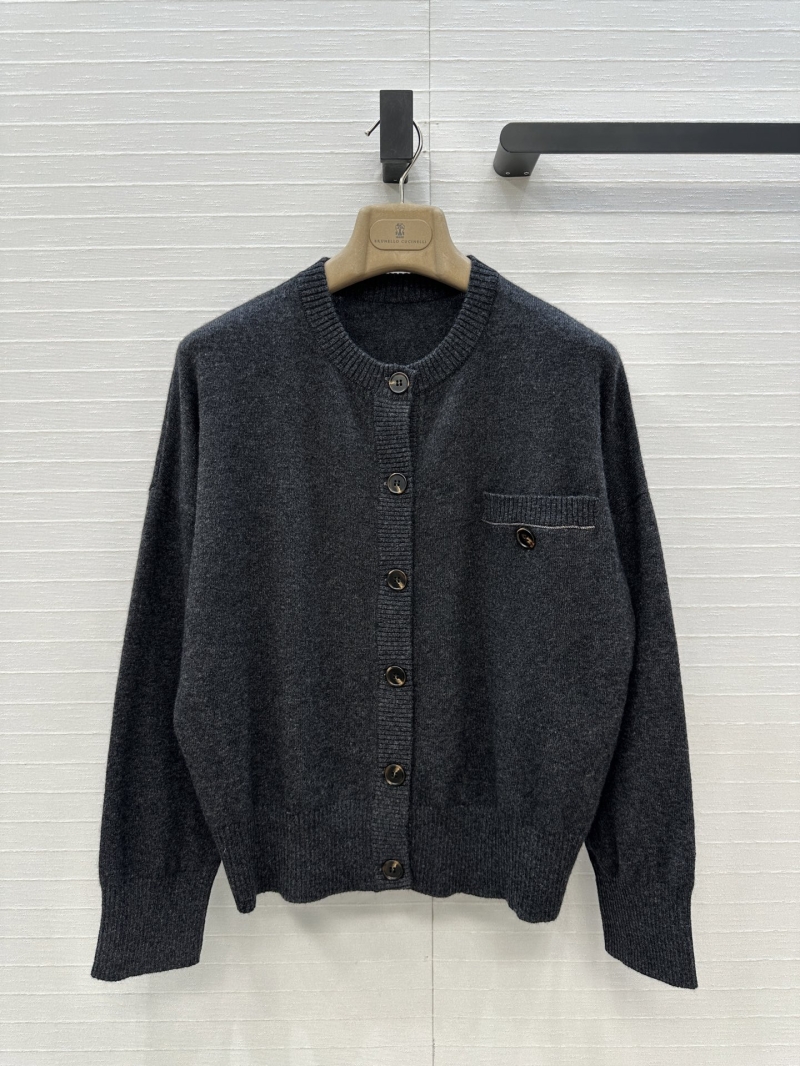 Brunello Cucinelli Exclusive Italian Minimalist Cashmere Cardigan with Copper Chain Detail - Dark Grey