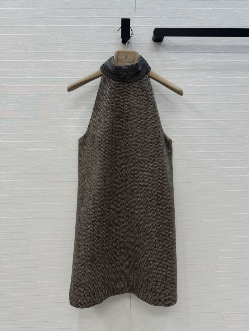 Brunello Cucinelli Luxe Herringbone Vest Dress with Bronze Chain Detail - Italian Minimalist Elegance