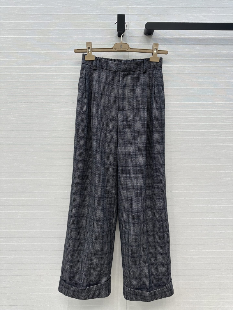 Brunello Cucinelli Early Autumn Grey-Blue Checkered Straight-Leg Trousers