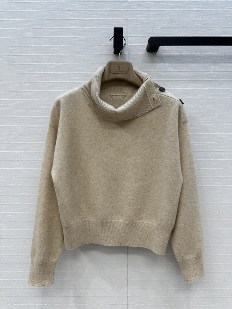 Brunello Cucinelli Exclusive High-Neck Single-Button Shoulder Detail Cashmere Sweater in Almond