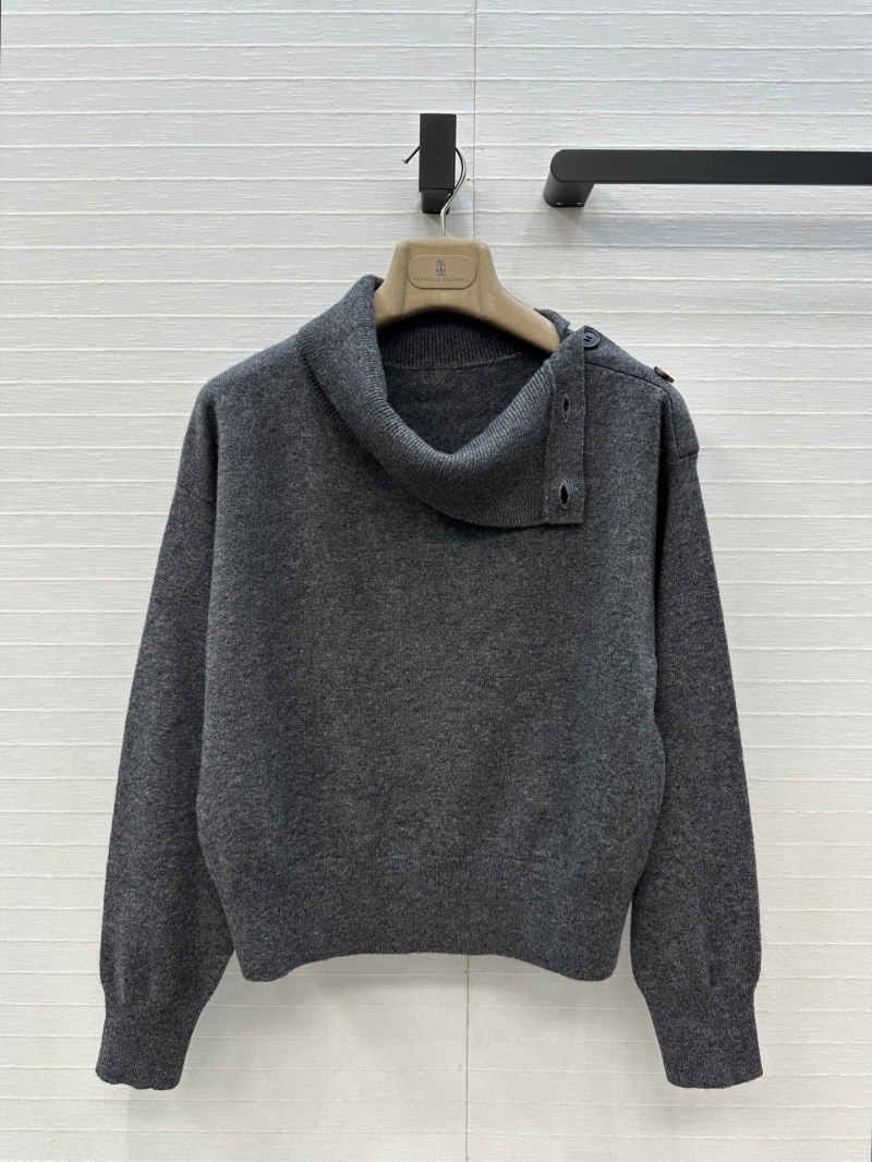 Brunello Cucinelli Exclusive High Neck Single-Button Shoulder Detail Cashmere Sweater in Grey