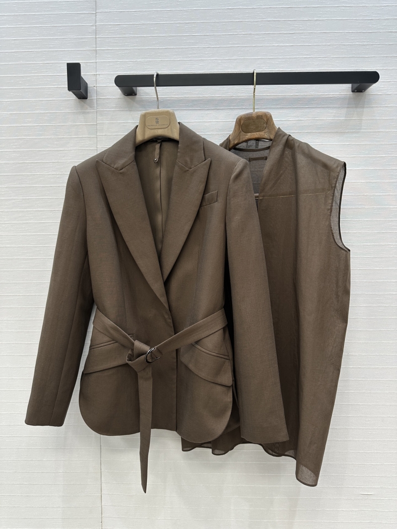 Brunello Cucinelli Exclusive French Caramel Two-Piece Linen Blazer with Waist Tie - Minimalist Luxe