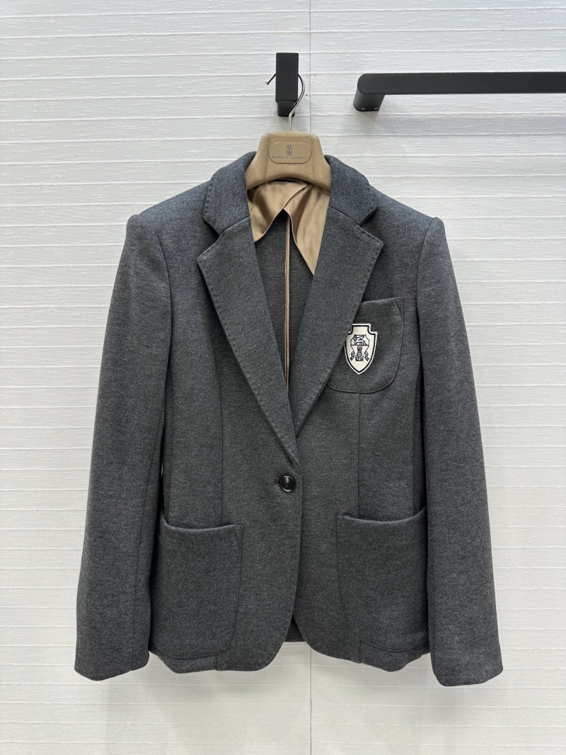 Brunello Cucinelli Luxe Early Fall Tennis Collection Badge Embroidered Blazer with Copper Chain Detail