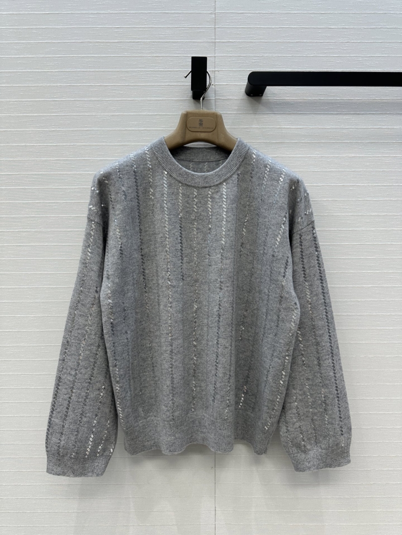 Brunello Cucinelli Exclusive Luxe Cashmere Embroidered Stripe Top in Grey