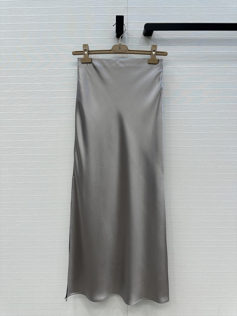 Brunello Cucinelli Exclusive Minimalist High-Waist Midi Skirt in Grey - Luxe Acetate Silk Blend with Slit Detail