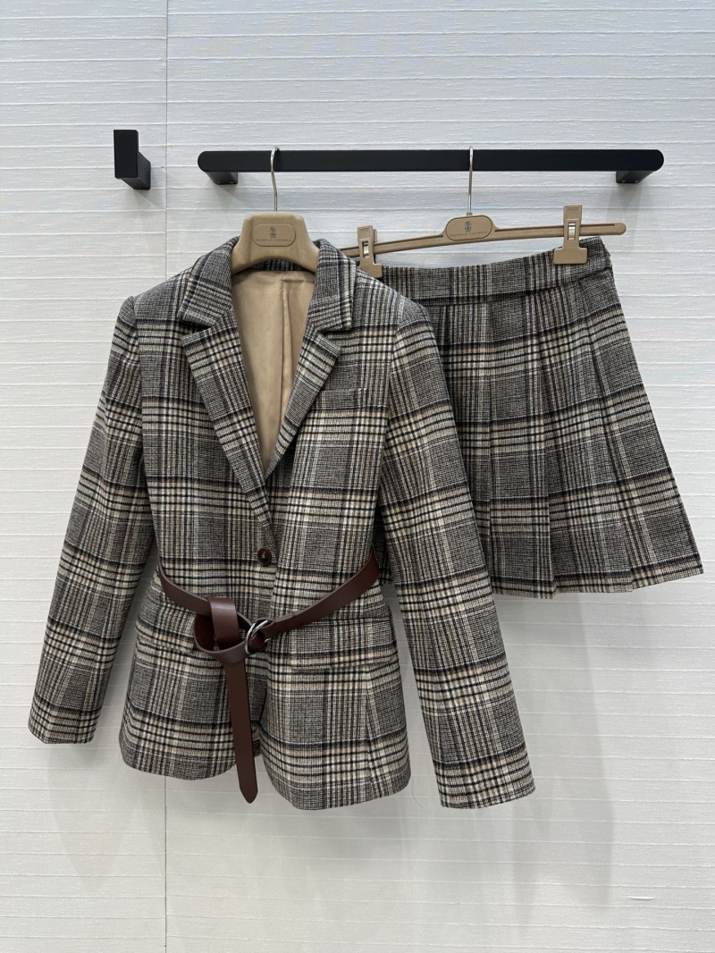 Brunello Cucinelli BC25 Early Autumn Collection Scottish Plaid Suit Set - Belted Single-Breasted Blazer with Pleated Mini Skirt