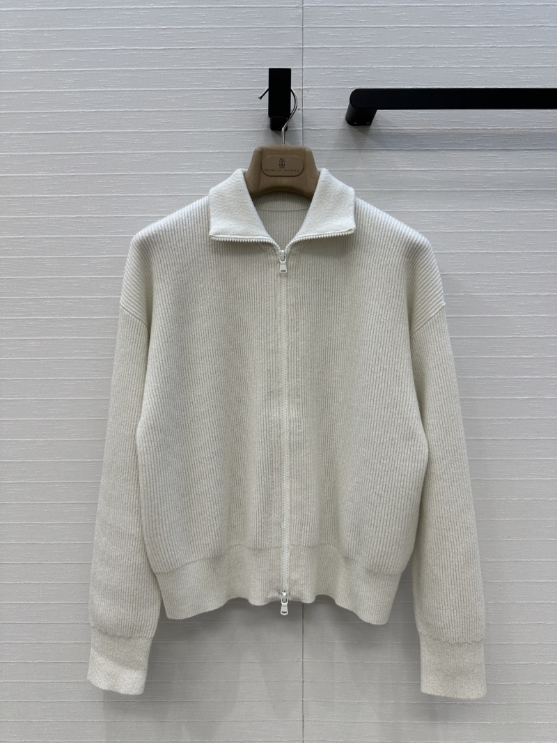 Brunello Cucinelli Exclusive Luxe Cashmere Zip-Up Knit Jacket in White with Silver Thread Detailing