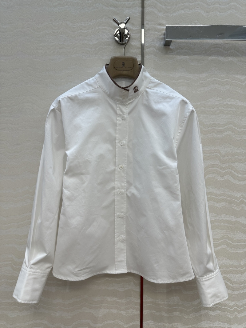 Brunello Cucinelli Exclusive French Elegance White Shirt with Stand Collar and Copper Chain Details