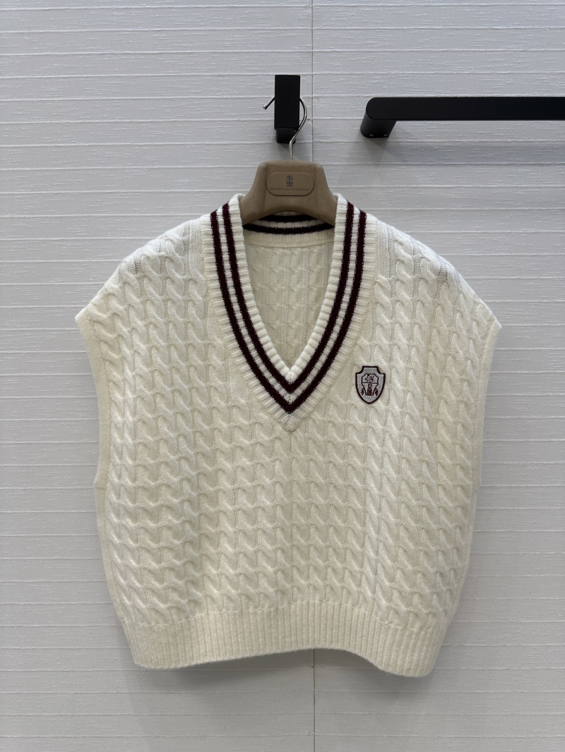 Brunello Cucinelli Exclusive Luxury Logo Embellished Cashmere Knit Vest in Cream White – Timeless V-Neck, Relaxed Fit