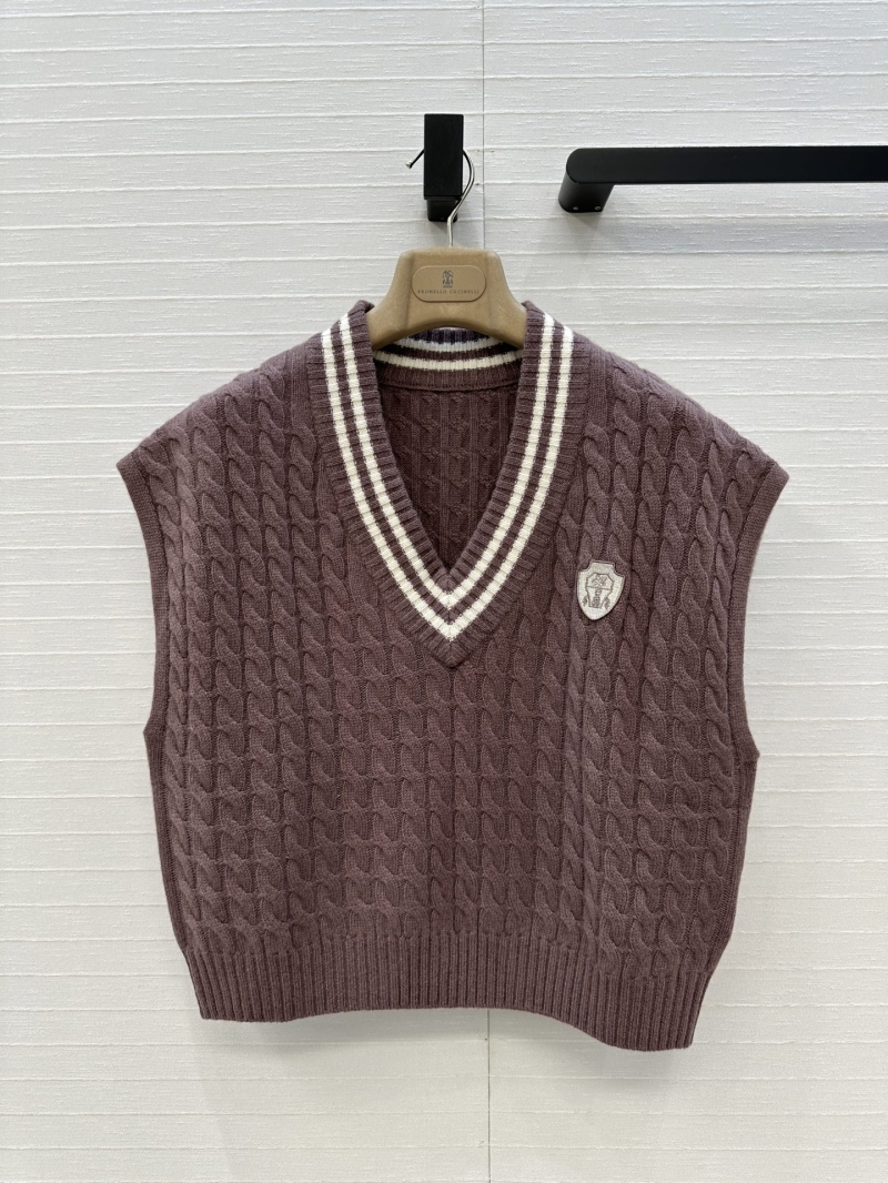 Brunello Cucinelli Tennis Capsule Collection Logo Embellished Cashmere Knit Vest in Collegiate Stripes