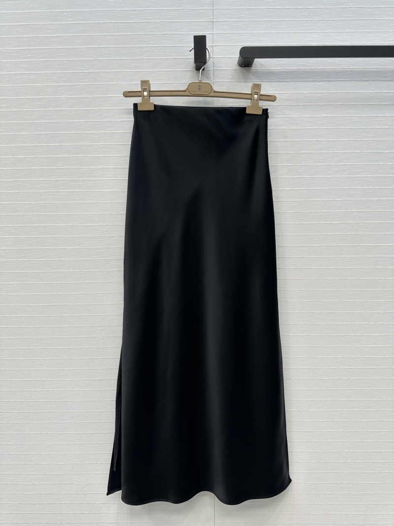 Brunello Cucinelli Minimalist Long Skirt in Black – High-Waisted Flowing Silk A-Line Skirt with Slit