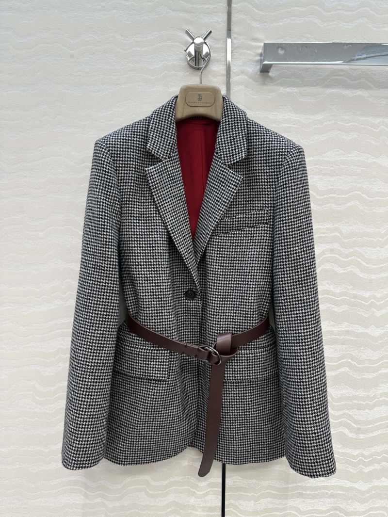 Brunello Cucinelli Exclusive Wool-Alpaca Houndstooth Blazer with Leather Belt - Timeless Elegance