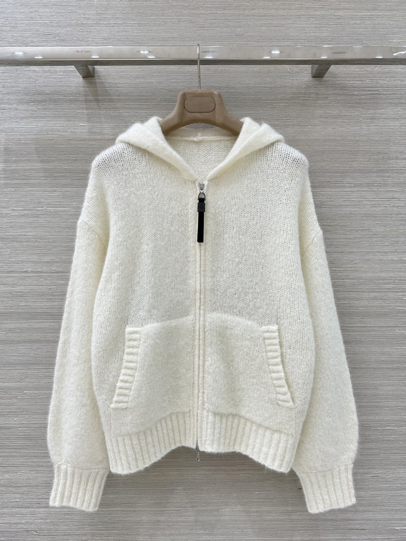 Brunello Cucinelli Luxe Mohair Wool Knit Hooded Jacket in Cream White