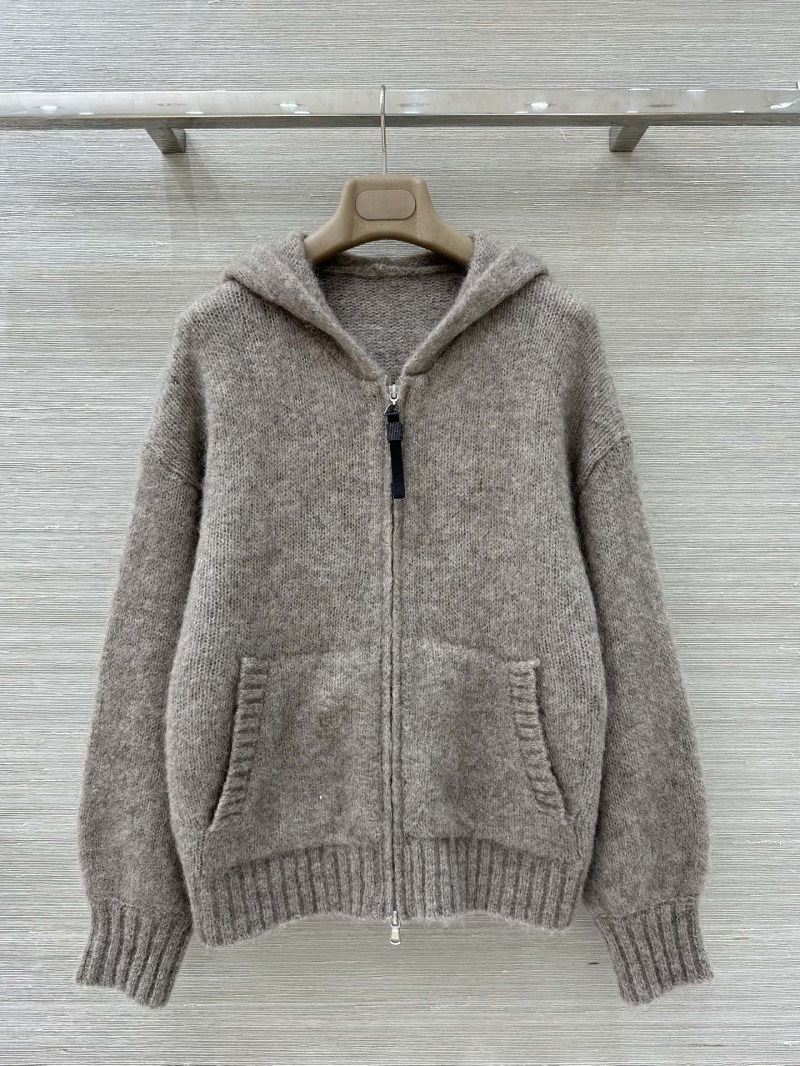 Brunello Cucinelli Luxe Mohair Wool Blend Hooded Cardigan in Taupe