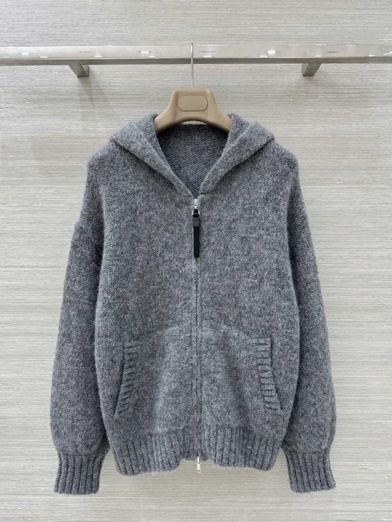 Brunello Cucinelli Luxe Cashmere Mohair Knitted Hooded Cardigan in Grey