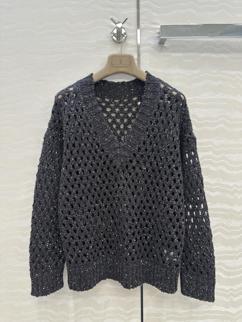 Brunello Cucinelli Exclusive High-Intelligence V-Neck Embroidered Cashmere Blend Sweater in Charcoal Gray