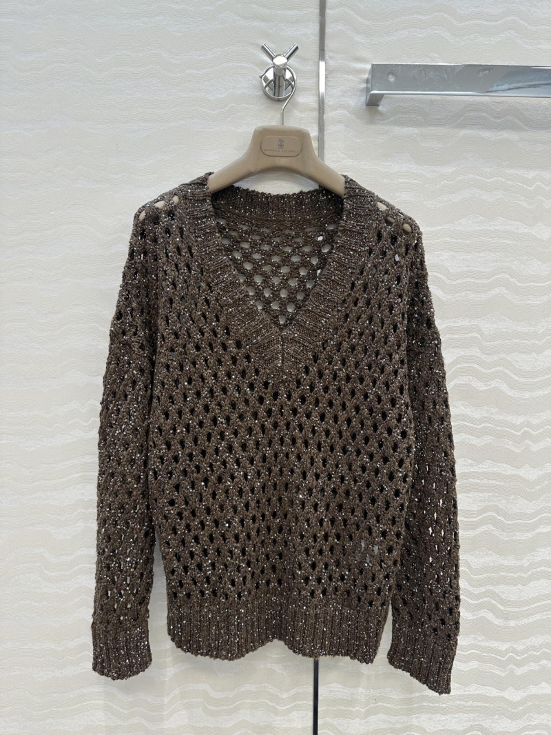 Brunello Cucinelli Exclusive Luxe Embroidered V-Neck Sweater in Chocolate Brown