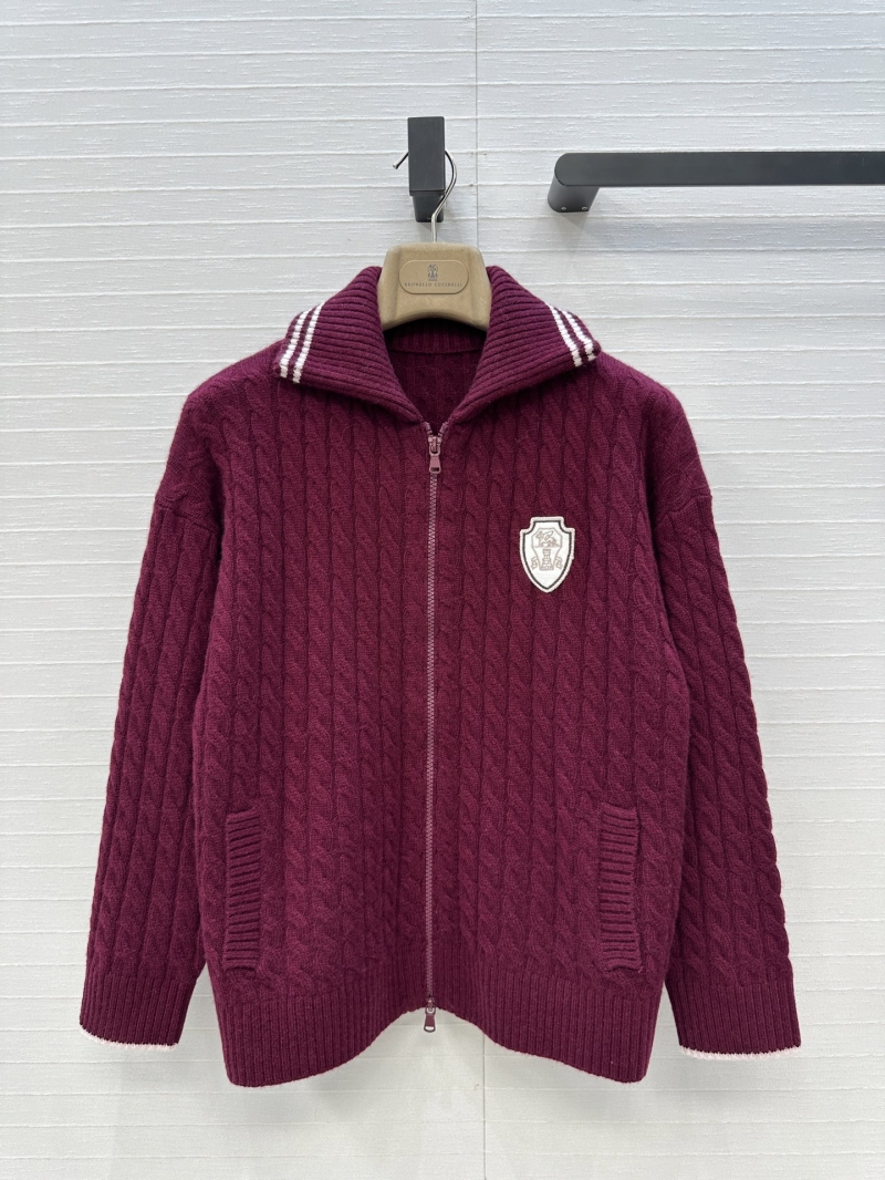 Brunello Cucinelli Cable-Knit Zip-Up Sweater | Burgundy | Collegiate Stripe Collar | Imported Wool