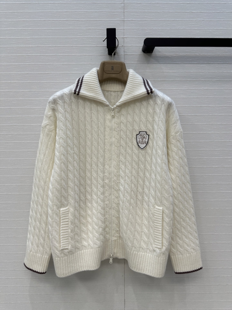 Brunello Cucinelli Cable Knit Zip-Up Cardigan in Ivory Cream with Collegiate Stripes