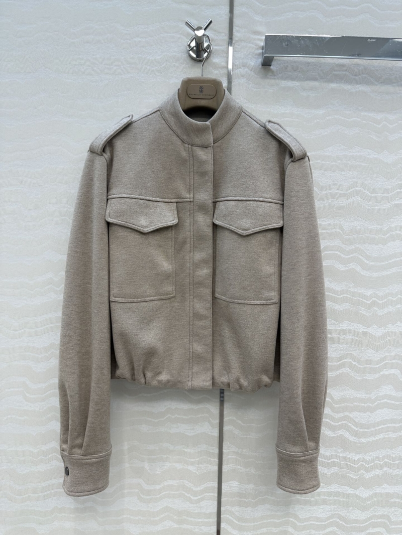 Brunello Cucinelli Women's Military-Inspired Cropped Jacket | Soft Taupe | Boxy Silhouette, Epaulets, Ribbed Cuffs | Luxe Wool Blend