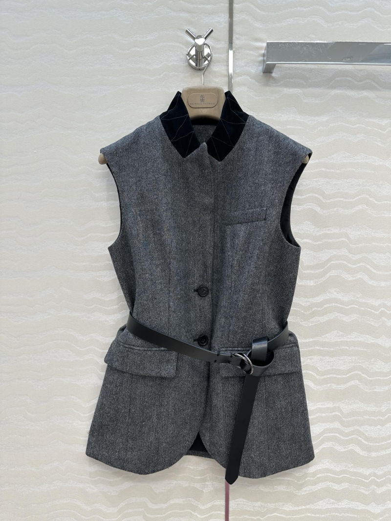 Brunello Cucinelli Gray Wool Vest with Genuine Suede Lamb Leather Collar and Belt | Minimalist Tailored Sleeveless Top