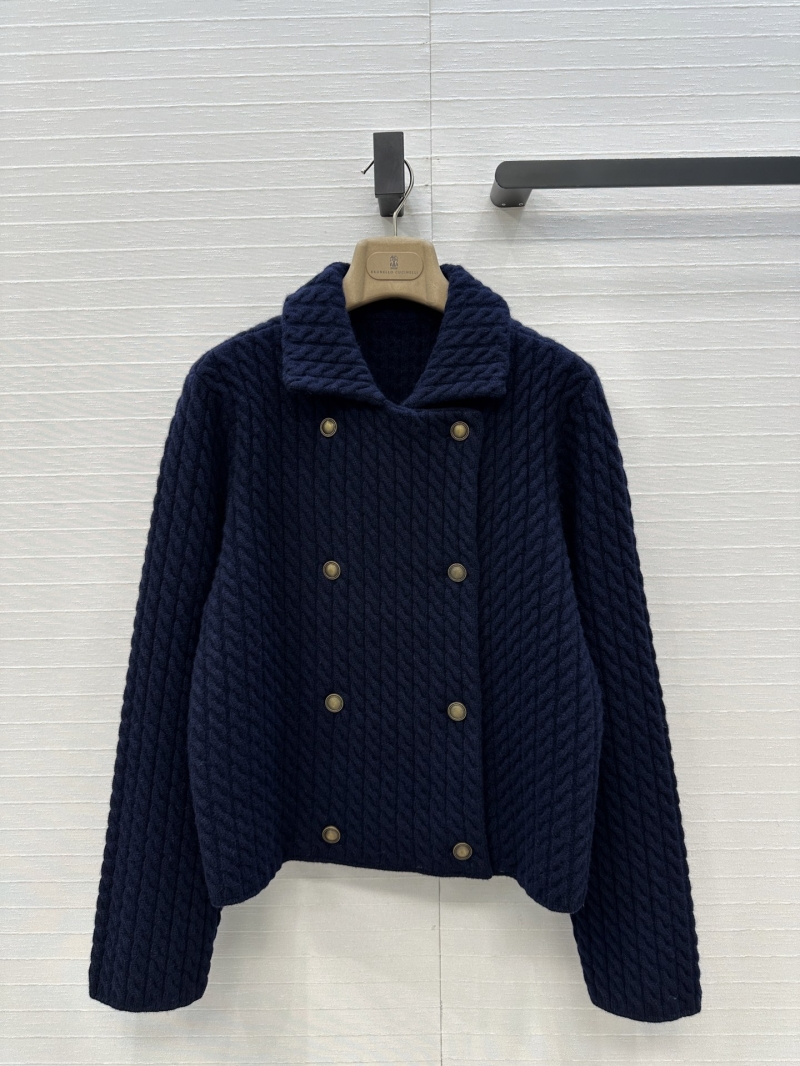 Brunello Cucinelli Navy Blue Cable-Knit Wool Blend Jacket | Double-Breasted H-Line Cropped Fit | Old Money Style