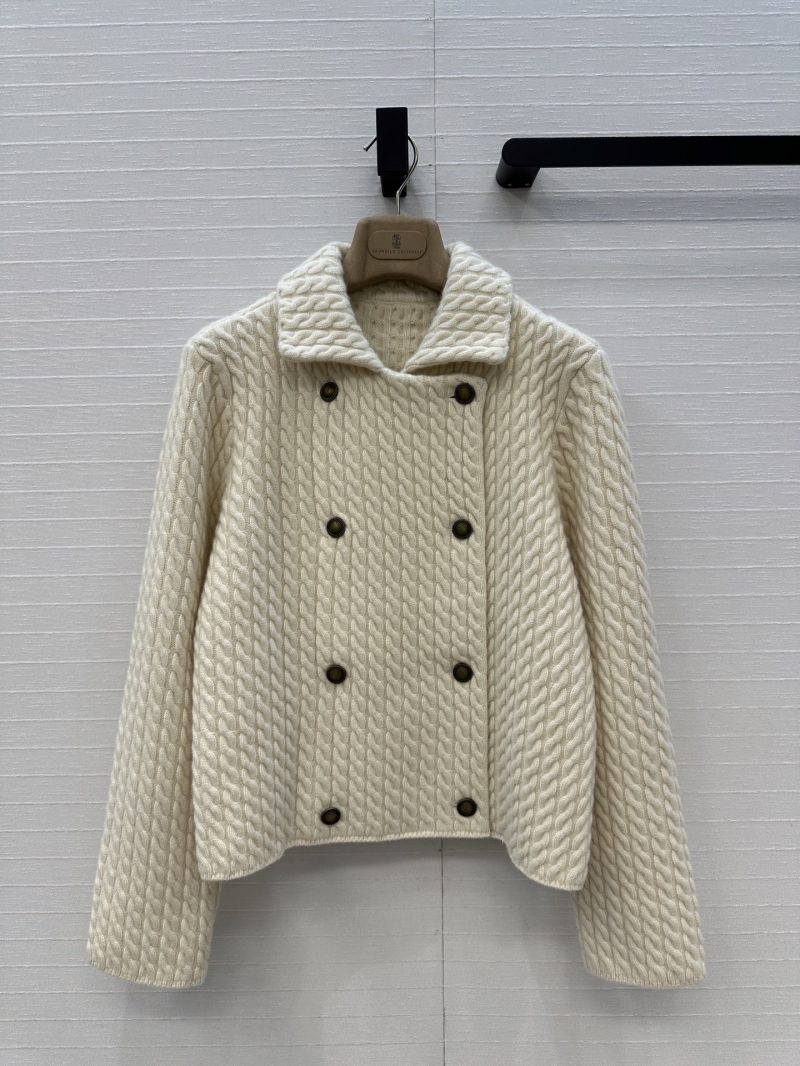 Brunello Cucinelli Cable-Knit Cashmere Blazer Jacket in Cream White – Double-Breasted H-Silhouette, Vintage Metal Buttons, Short-Cropped Fit