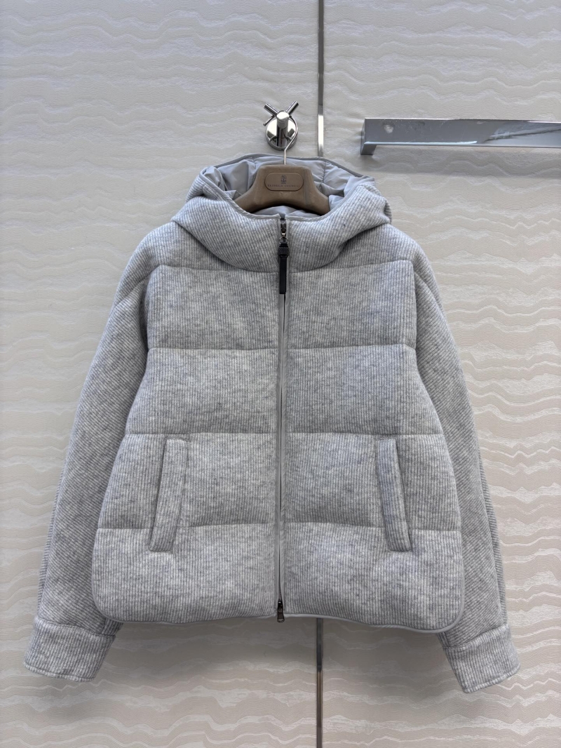 Brunello Cucinelli 100% Wool and 90% White Goose Down Hooded Puffer Coat | Timeless H-Silhouette | Heather Grey