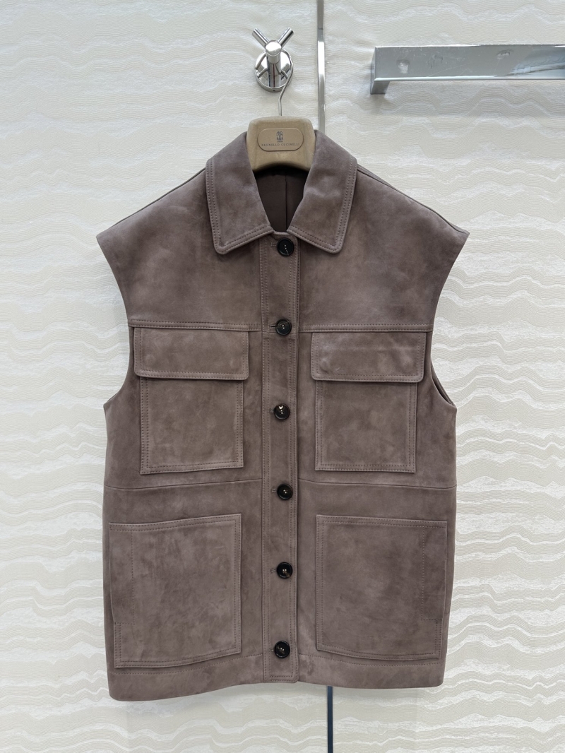 Brunello Cucinelli Suede Lamb Leather Vest in Custom Grey-Brown | Stand Collar | Copper Chain Detail