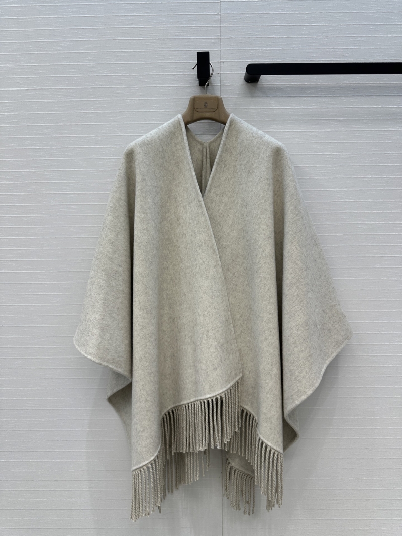 Brunello Cucinelli 100% Wool Double-Sided Cape Shawl in Beige | Timeless Old Money Style | Hand-Finished Fringe